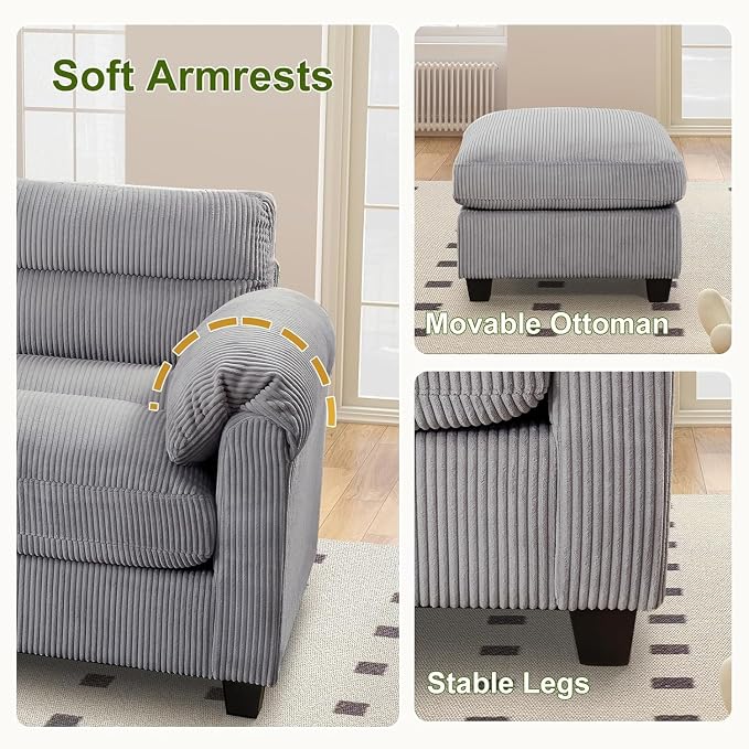 HAOMARKETS Corduroy 2-Piece Sofa Set, Upholstered Ottoman and Accent Chair Sofa - Image 5