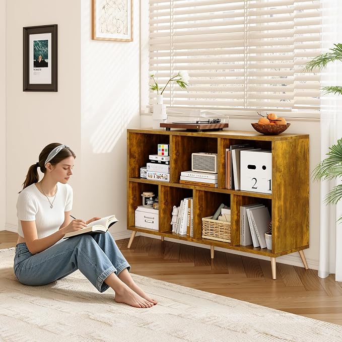 7-Cube Storage Organizer with Natural Wood Legs, Mid-Century Modern Bookcase - Image 5