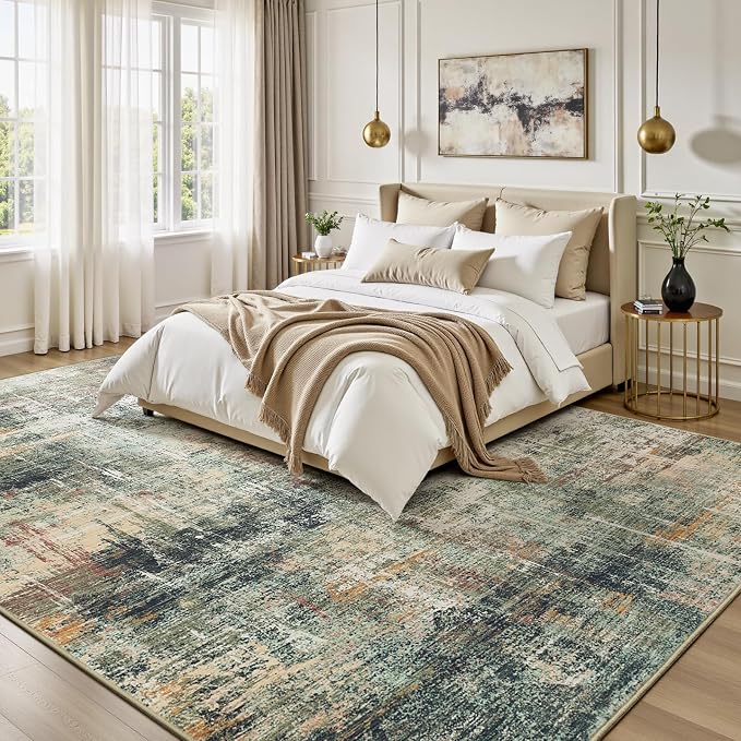 8x10 Area Rug for Living Room, Abstract Washable Large Rugs, Coffee/Green | - Image 2