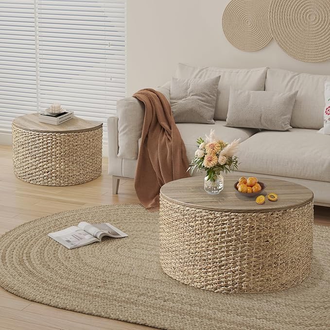 Nesting Coffee Table Set of 2, Rustic Crate and Barrel Coffee Table, Hand-Woven - Image 6