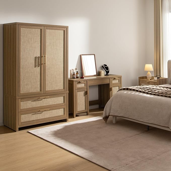 SICOTAS Rattan Armoire Wardrobe Closet Cabinet, Boho Large-Capacity Deep - Image 5