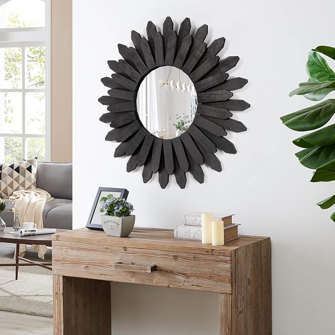 Honiway 21 inch Black Wall Decor Vintage Mirror, Boho Style, Wooden Frame - Image 3