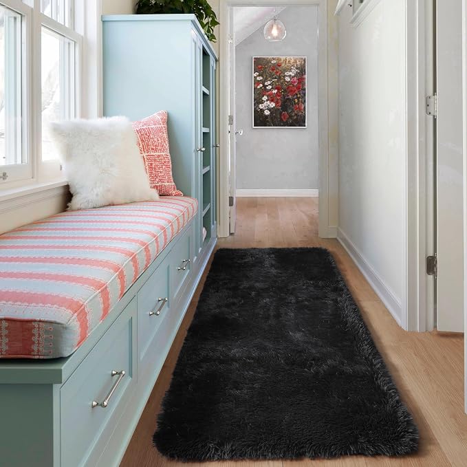 Black Runner Rugs for Bedroom Hallway, Fluffy 2x6 Bedside Soft Area Rug | - Image 5