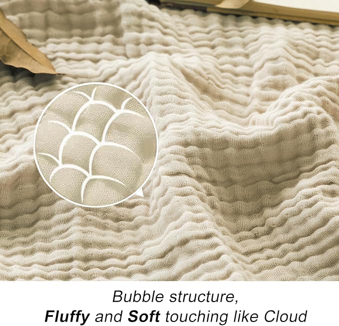 EMME Cotton Blanket Queen Size for Bed Soft Muslin Bed Blankets 90"x90" Beige - Image 4