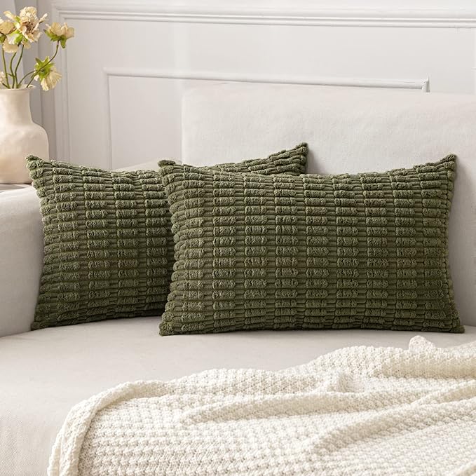 MIULEE Lumbar Corduroy Decorative Throw Pillow Covers 12x20 Olive Green | Pack by MIULEE