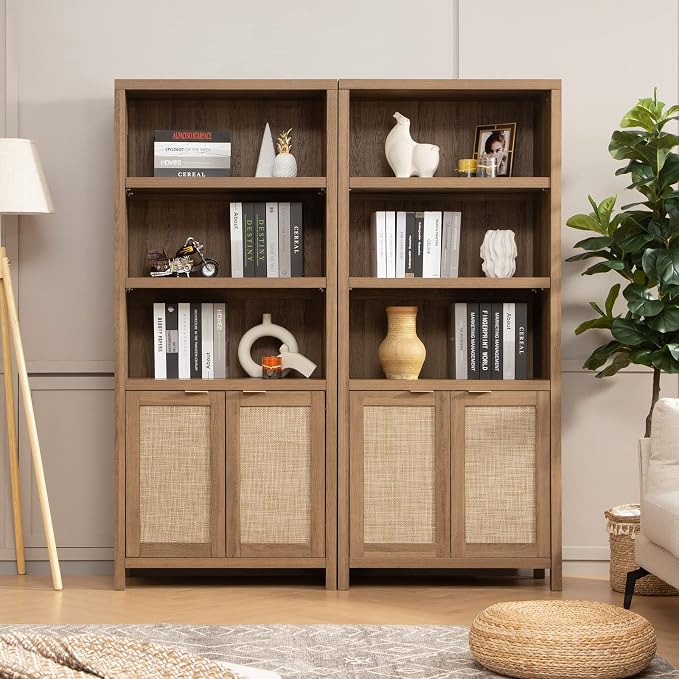 SICOTAS Bookcase 71" Tall Bookshelf 5 Tier Rattan Boho Bookcase - Image 3