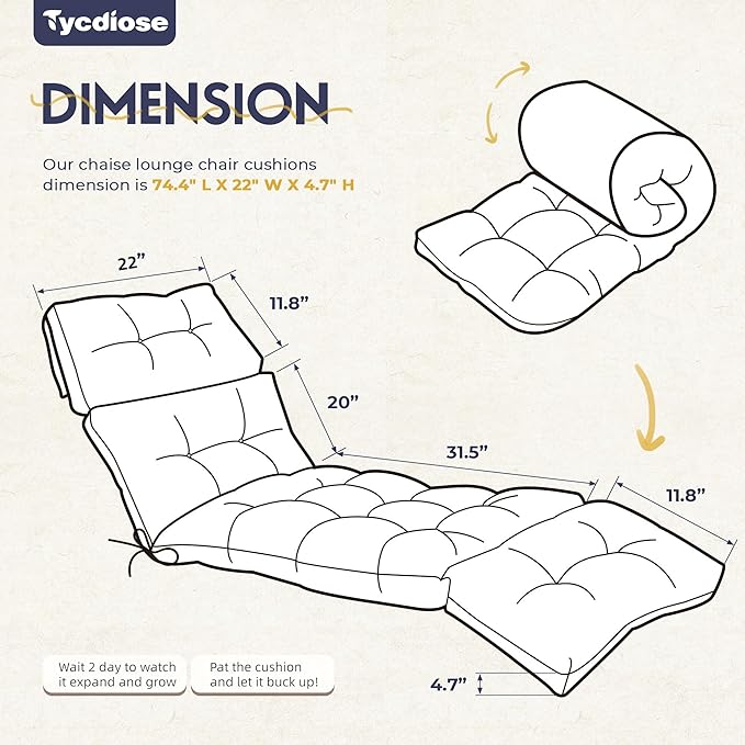 Waterproof Chaise Lounge Chair Cushions Outdoor 74.4 x 22 x 4.7 Inches Memory - Image 2