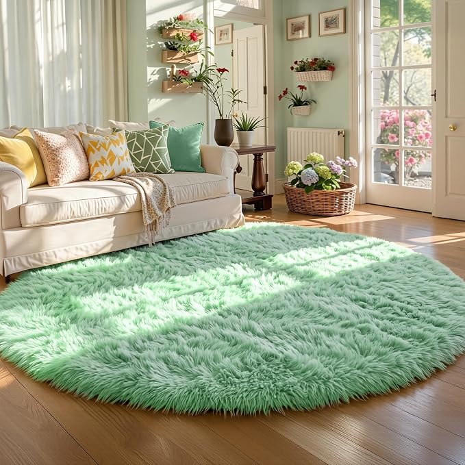 Amdrebio Sage Green Fluffy Round Circle Area Rug 5Ft - Image 5