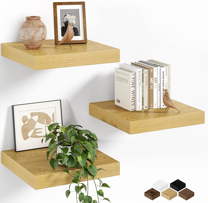 Fun Memories Floating Shelves for Wall, 12 Inch Set of 3 Rustic Wood Wall by FunMemories