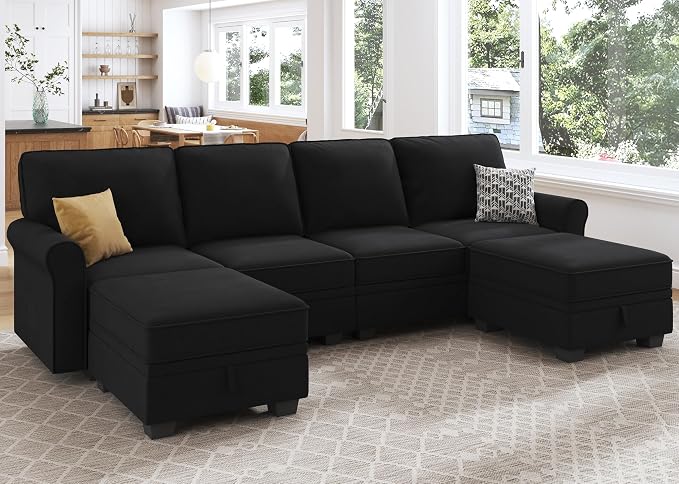 HONBAY Sectional Sofa with Storage Seat Velvet U Shaped Couch with Reversible - Image 5