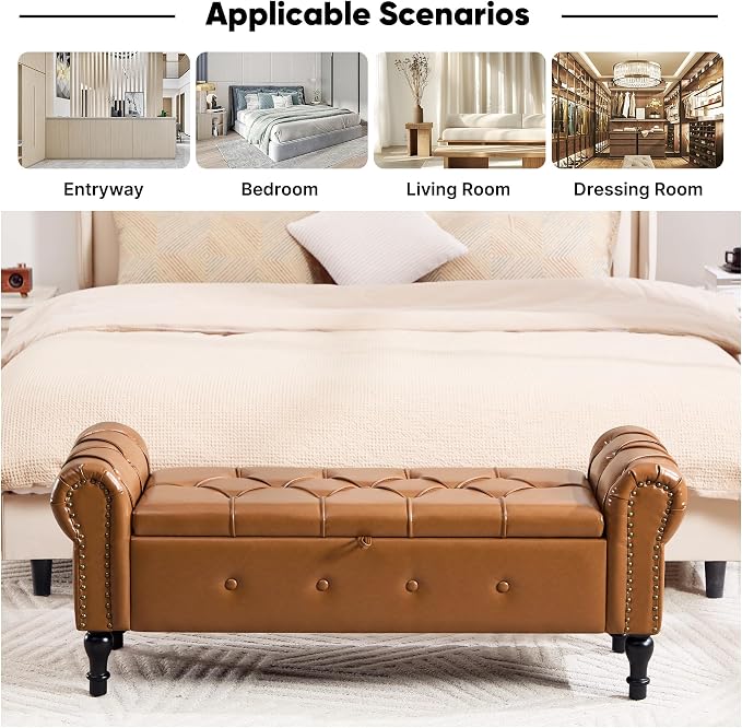 Storage Bench for Bedroom, Faux Leather 51" End of Bed Bench, Queen Size Bench - Image 5
