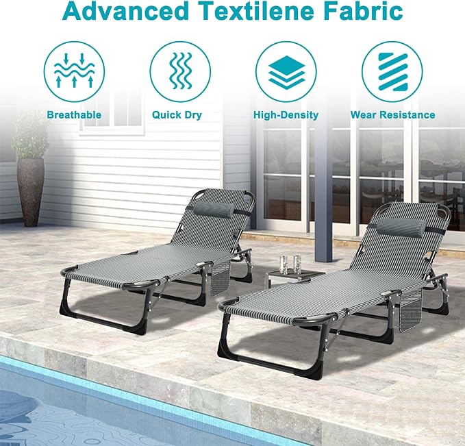 ABORON 2PK Heavy Duty Tanning Chair, 5-Gear Outdoor Folding Chaise Lounge Chair - Image 8