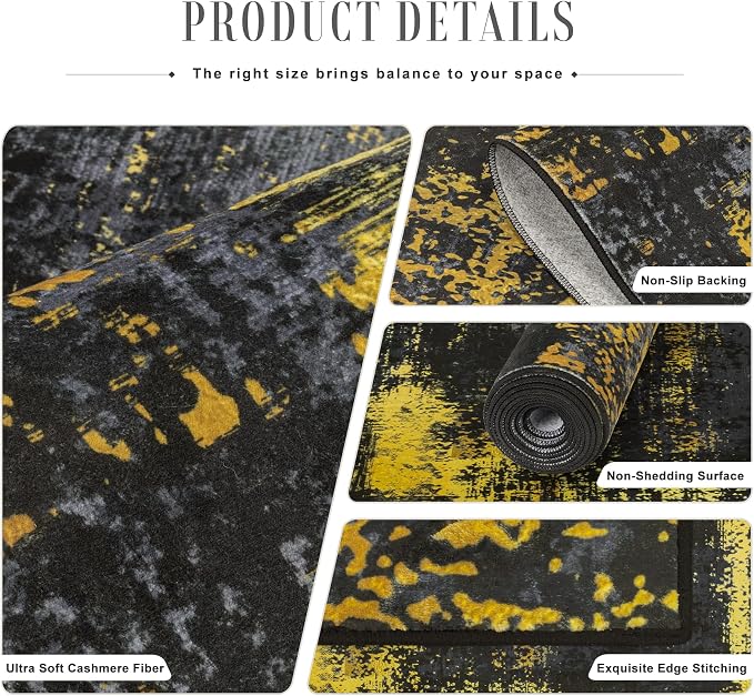 3x8 Washable Runner Rug：Modern Abstract Soft Carpet Black Gold | - Image 5