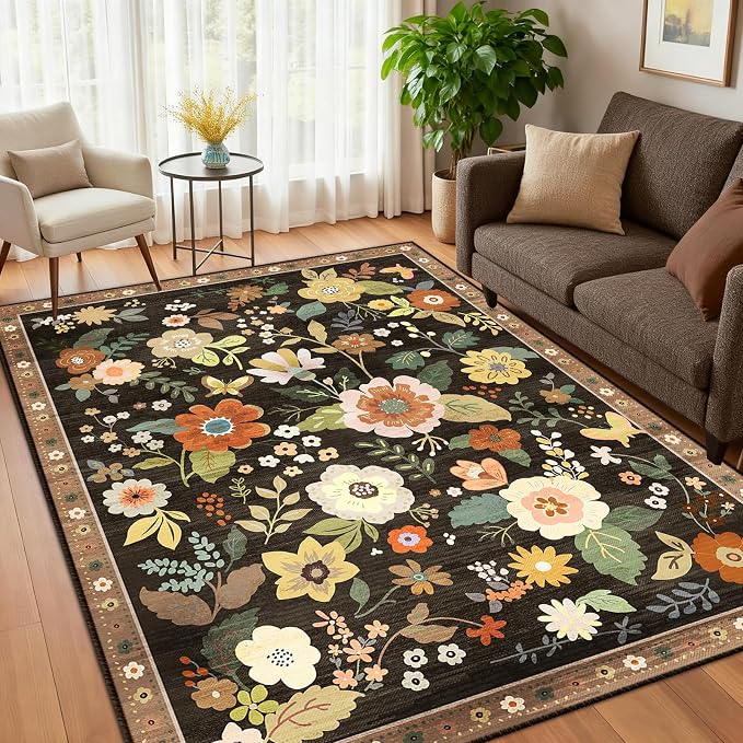 RELEANY Floral Washable 3x5 Area Rugs Black/Yellow | Flower Carpet Print Boho - Image 6