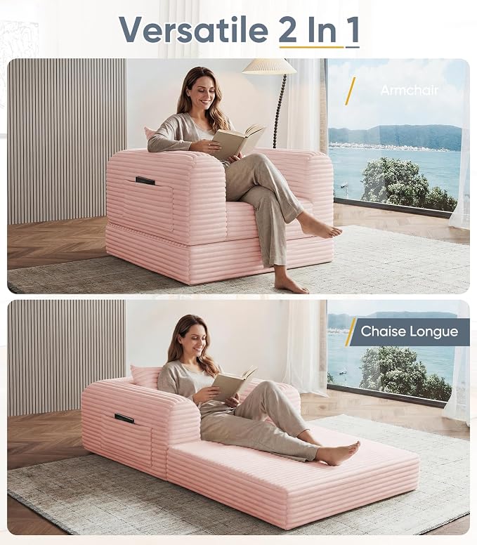 SYFERLORY Versatile 2 in1 Pink Armchair Accent Chair Couch Convertible Boneless - Image 4