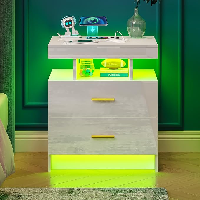 WOOVIVS Night Stand with Light, High Gloss Nightstand with USB/Wireless - Image 8