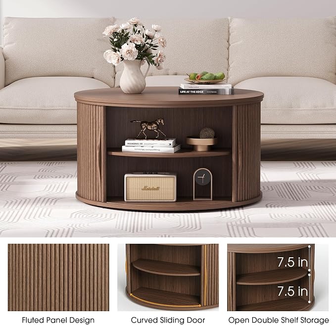 JOINICE 31.5" Round Lift Top Coffee Table, Mid Century Modern Walnut Center - Image 3