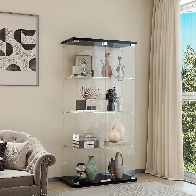 Display Cabinet with Glass Door and Lock, 4-Shelf Curio Cabinets with 5mm by glassdisplaycabinet