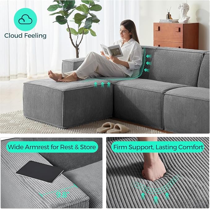 LINSY HOME Modular Sectional Sofa, Corduroy Sectional Cloud Couches - Image 3