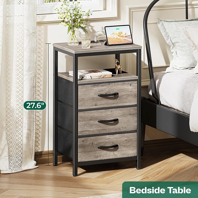 Huuger Nightstand with Charging Station, 27.6 Inch End Table Bedside Table with - Image 3
