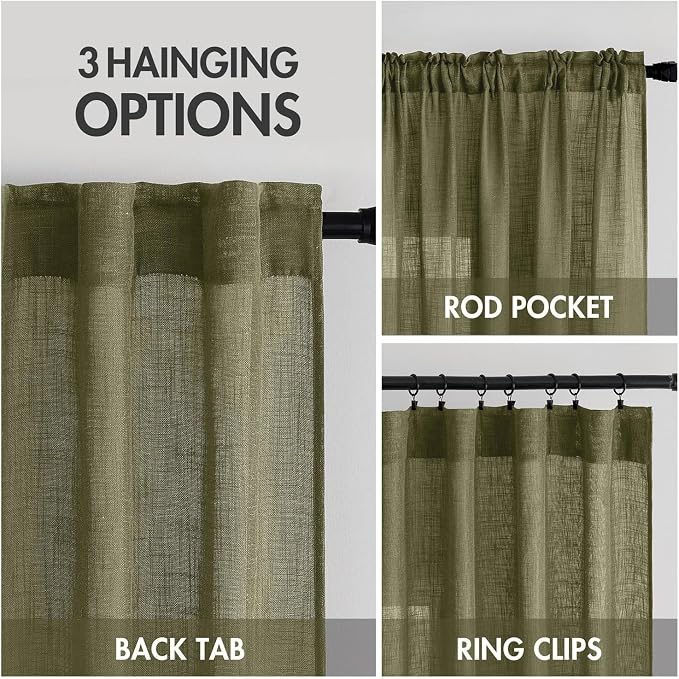 MIULEE Light Olive Green Linen Curtains 52x90 Inch Long 2 Panel - Image 3