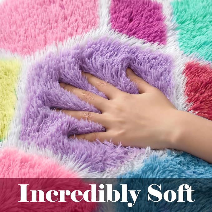 Checkered 8x10 Area Rugs for Living Room, Fluffy Pink Rainbow Girls Rug | Soft - Image 2