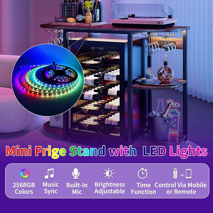 Mini Fridge Cabinet Stand with Power Outlet and Led Light, Coffee Bar Cabinet - Image 4