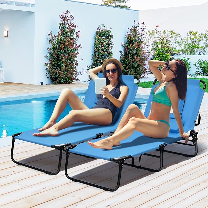 Folding Beach Lounge Chair w/ 5 Adjutable Backrest & Padded Pillow, Sunbathing - Image 2