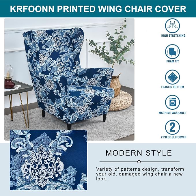 KRFOONN Wingback Chair Cover Slipcovers 2 Piece Stretch Wing Chair Covers - Image 5
