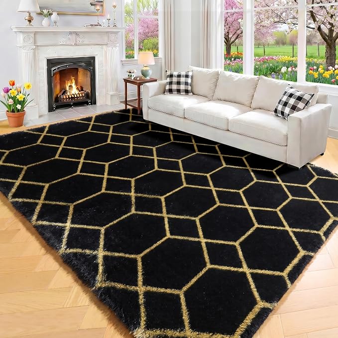 Area Rugs for Bedroom Living Room, 4x6 Fluffy Black and Gold Geometric Rug | by ONASAR