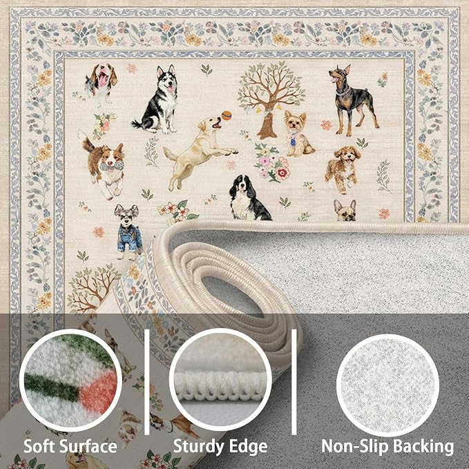 Beige Dog Area Rug 6x9 for Living Room Bedroom | Ultra-Thin; Easy Clean; Non - Image 8