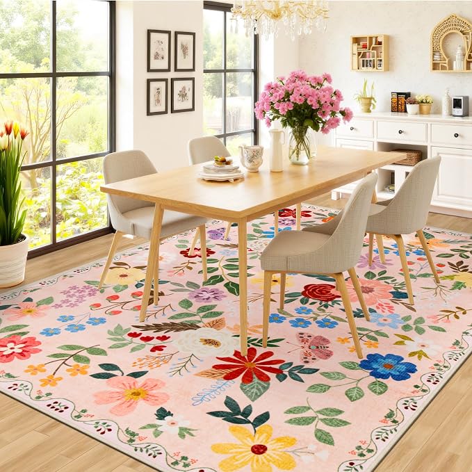 PLHXFR 8x10 Area Rug Living Room: Floral Washable Boho Soft Carpet Beige | - Image 4