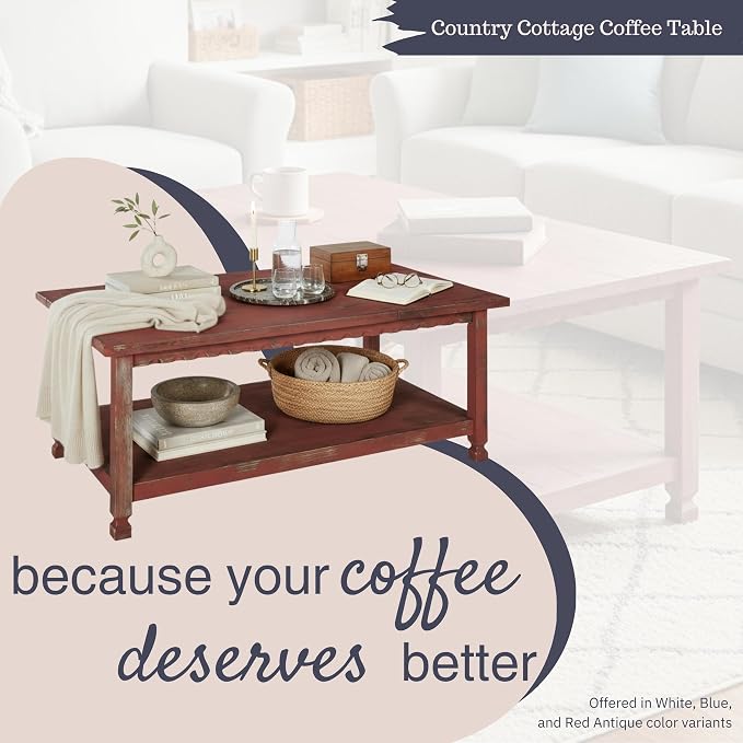 Rustic Rectangluar Coffee Table w/ 1 Shelf, Distressed Finish, Farmhouse Style - Image 4