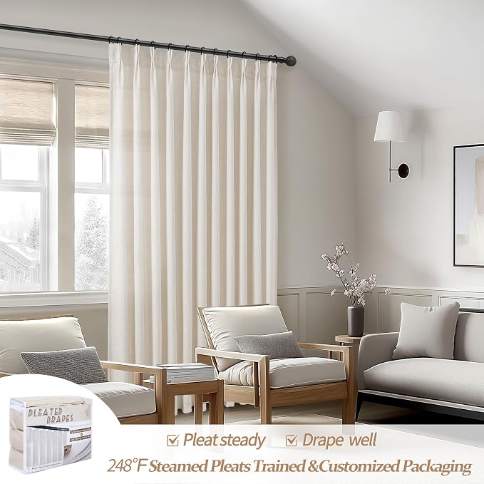 100 Inch Extra Wide Curtains 90 Inch Long Cream Sheer Linen Drapes - Image 5