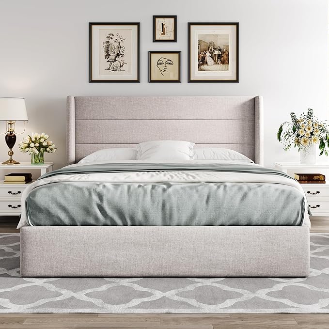 Allewie Queen Size Lift Up Storage Bed, Modern Wingback Headboard, Hydraulic - Image 7