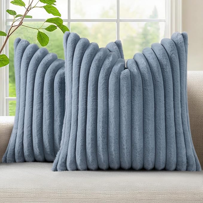 decorUhome Fall Faux Fur Throw Pillow Covers 22x22 Set of 2 Grey Blue | by decorUhome