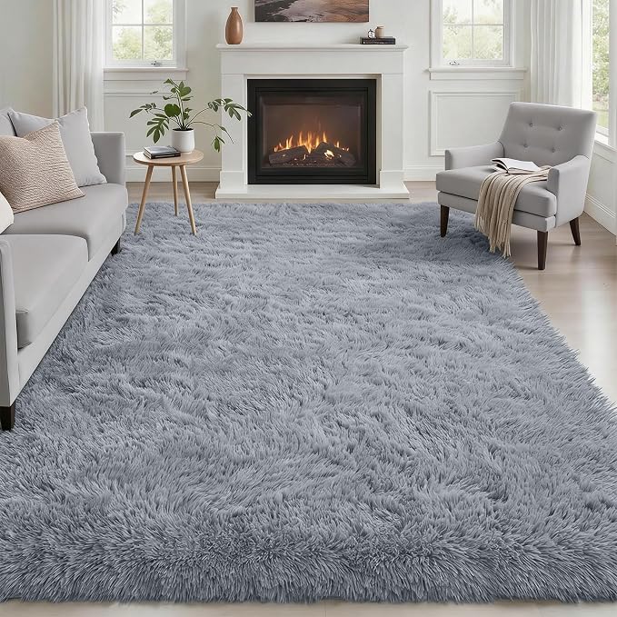 Area Rug Living Room Bedroom: 5x7 Fluffy Plush Shag Carpet Gray | by Luxturiy