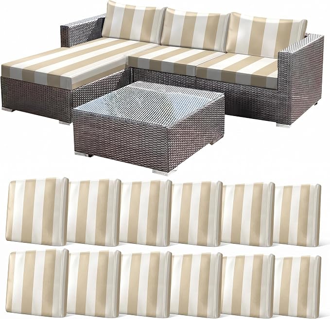 CALBODE 12 Pcs Outdoor Seat Cushion Covers, Striped Stretch Chair Seat Cover by CALBODE