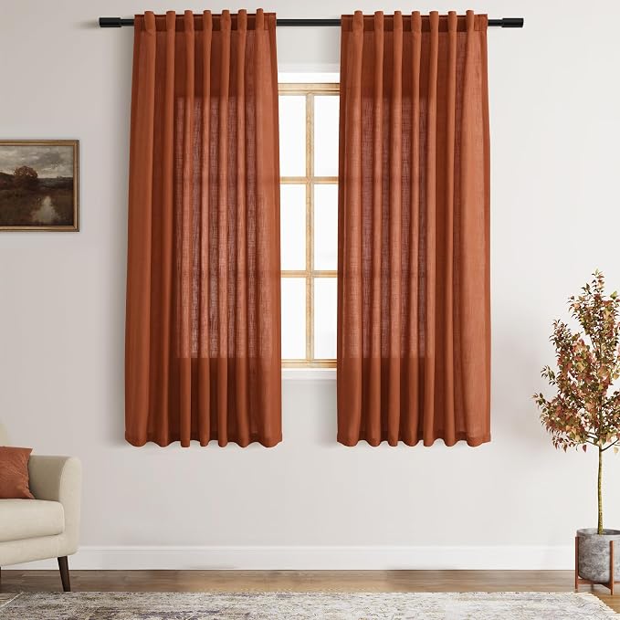 Terracotta Linen Curtains 63 Inches Length 2 Panels by Nanspring