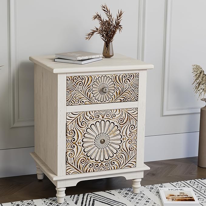 HOMPUS White Nightstand with Drawer & Storage, Fully-Assembled Flower Motif by HOMPUS