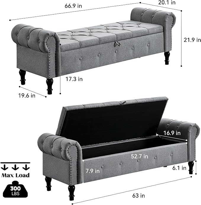 67 Inch Storage Bench for Bedroom, End of Bed Bench, King Size Benches - Image 2