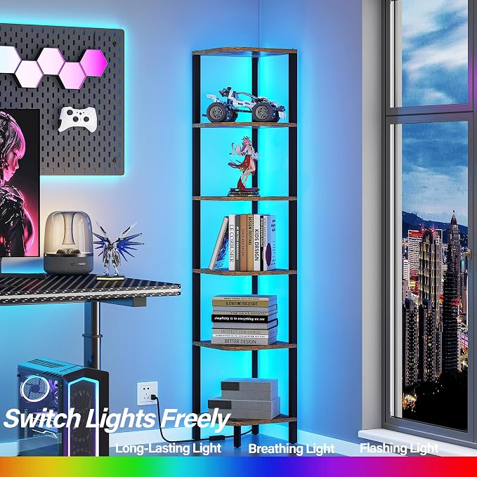 TUTOTAK Corner Shelf with LED Light, 6-Tier Corner Bookshelf - Image 3