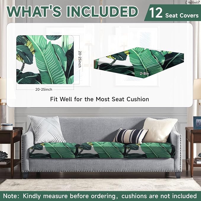 CALBODE 12 Pcs Stretch Outdoor Seat Cushion Covers, Monstera | Washable - Image 2