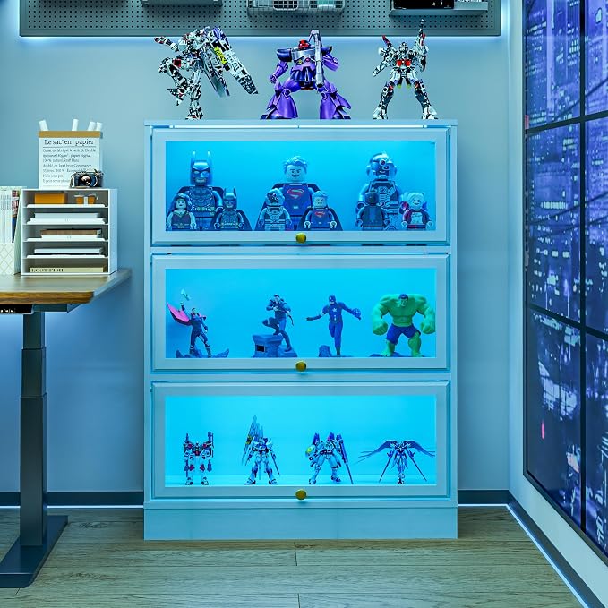 Display Cabinet with Acrylic Glass Doors, 3-Tiers Curio Cabinet with LED by BONITURE