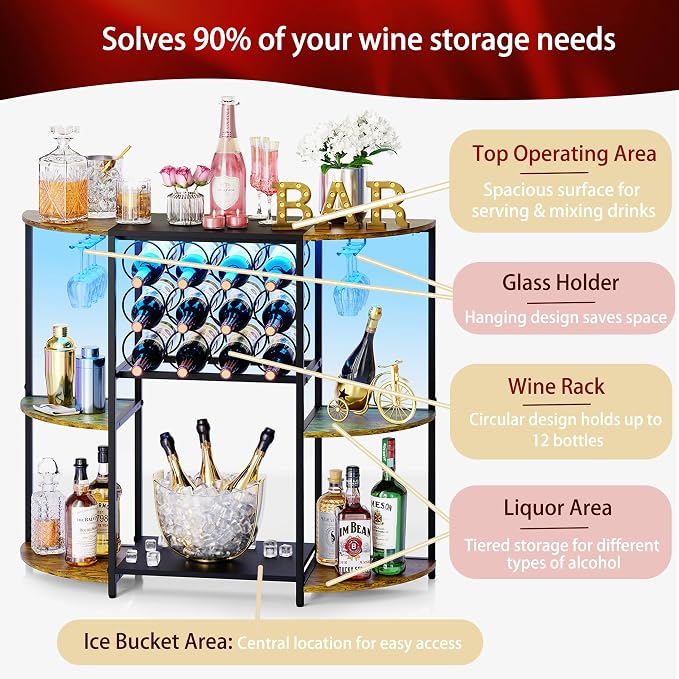 JKsmart Wine Bar Cabinet with LED Lights, Mini Wine Bar Cart with Storage and - Image 3