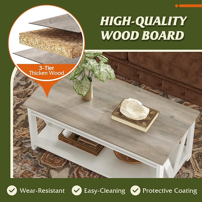 WLIVE Farmhouse Coffee Table, Modern Center Table - Image 5