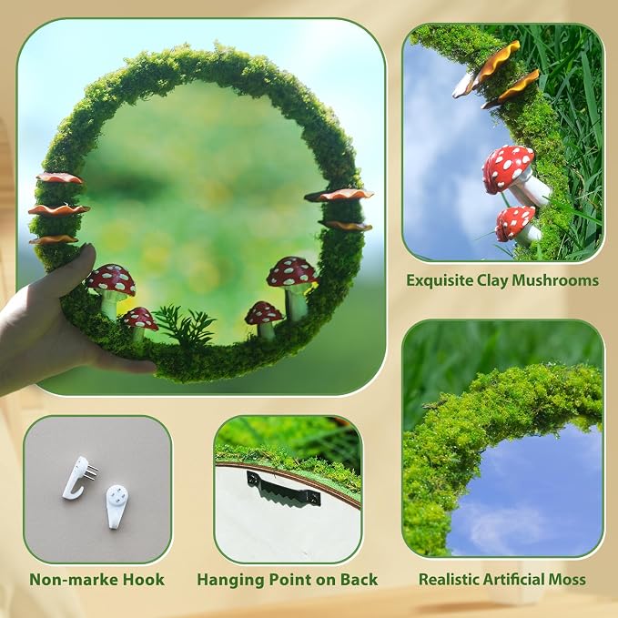 EVOLUX Wall Mirror Mushroom Decor Handmade Moss Round Hanging Mirror Cottage - Image 4