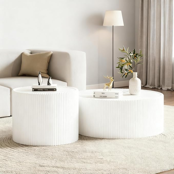 SSLine Round Drum Coffee Table Set of 2 Modern Sintered Stone Top Nesting - Image 4