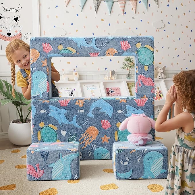 MeMoreCool Mermaid Glow-in-the-Dark Kids Play Couch, Denim Mermaid Modular - Image 2
