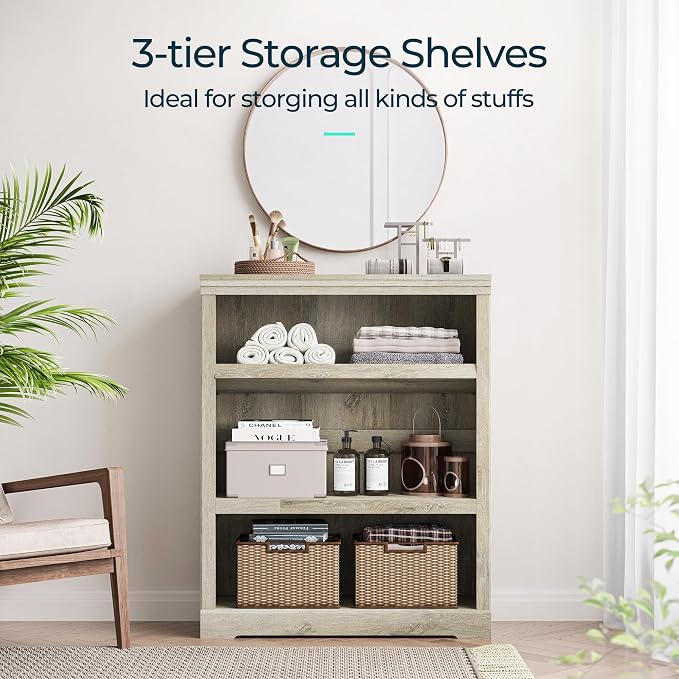 LINSY HOME 3-Tier Bookshelf, Small Wood Display Storage Shelves Farmhouse - Image 4